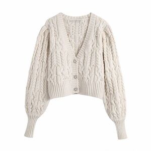 ZARA CREAM CABLE KNIT CARDIGAN SWEATER WITH PEARLS & JEWEL/RHINESTONE BUTTONS
